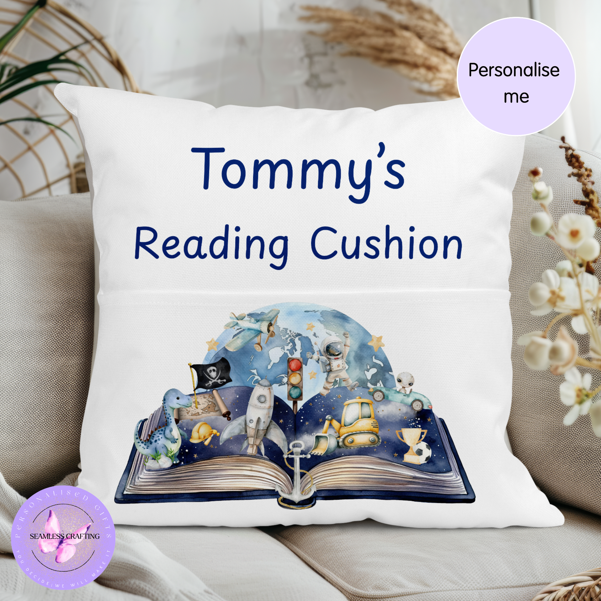Blue Dinosaur Personalized Reading Cushion for Kids with Story Book in Pocket.