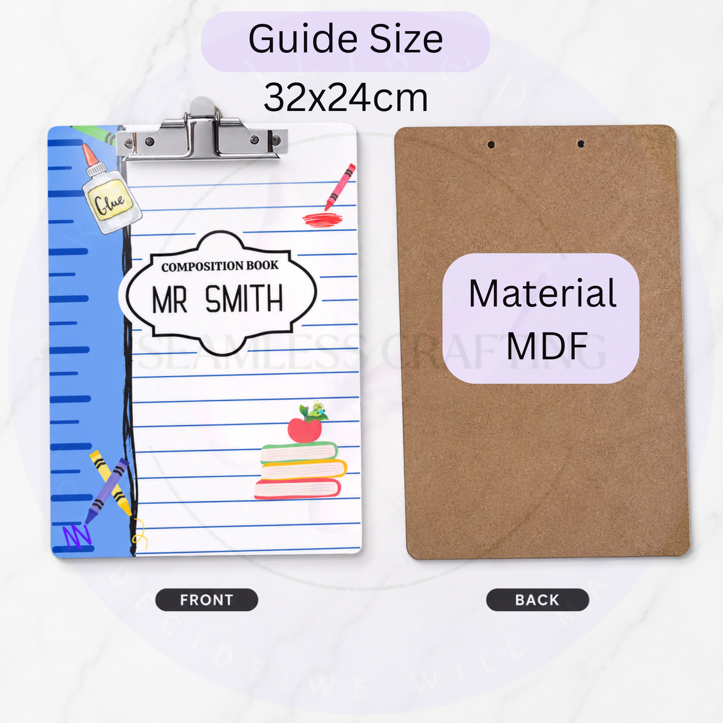 Custom composition book teacher clipboard standing on desk with pink spine design