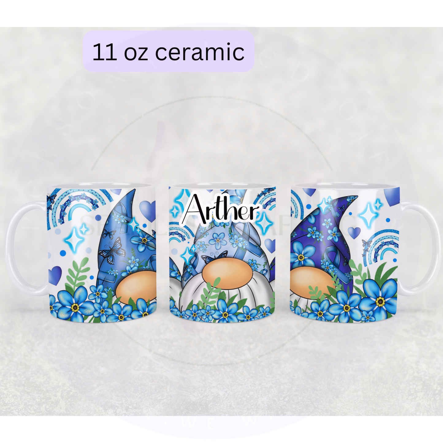 Personalised Forget Me Not dementia awareness gonk mug wrap shown on 11 oz black handle ceramic mug