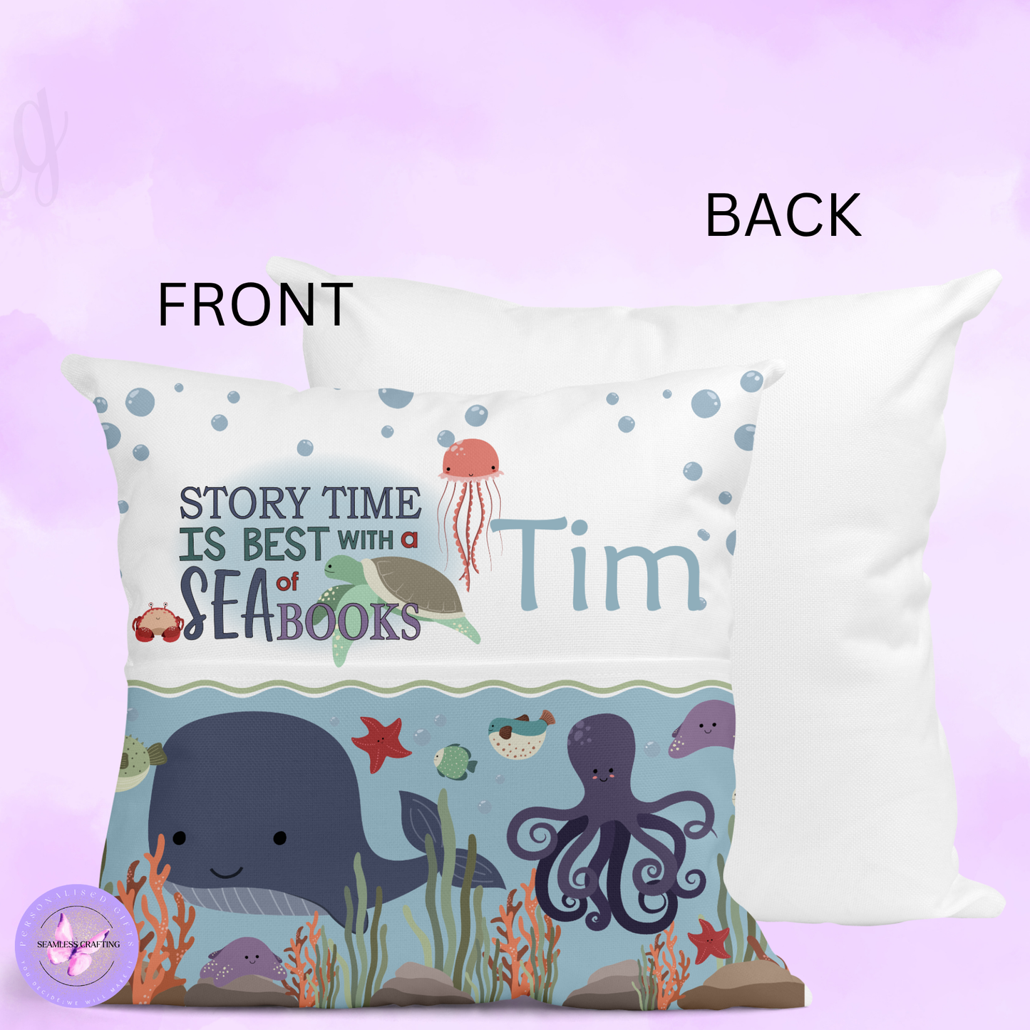 Personalised Under the Sea Reading Cushion – Ocean Animals Book Pocket Pillow | Custom Name Kids Gift (40cm)