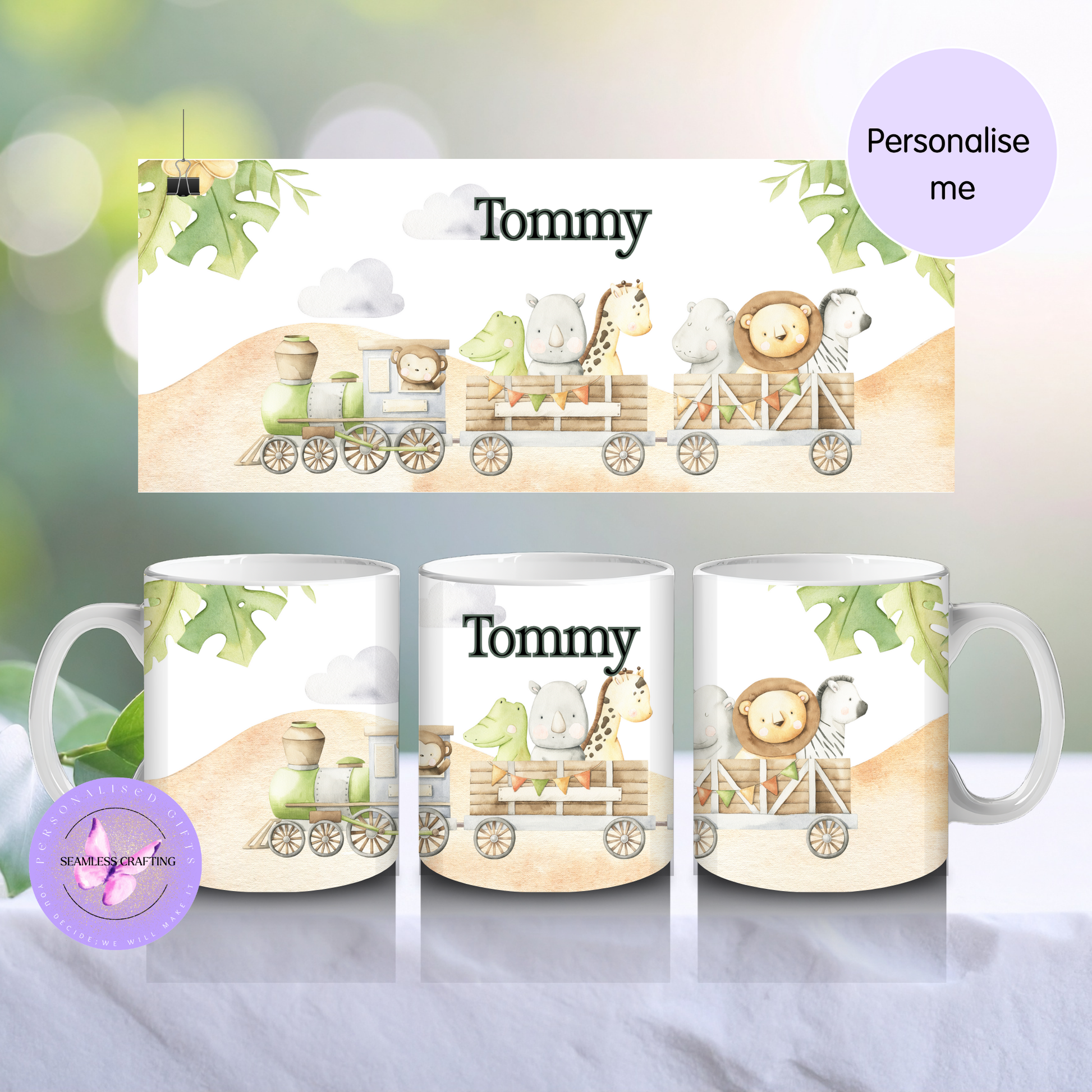 Personalised children’s unbreakable polymer mug with jungle animal train design