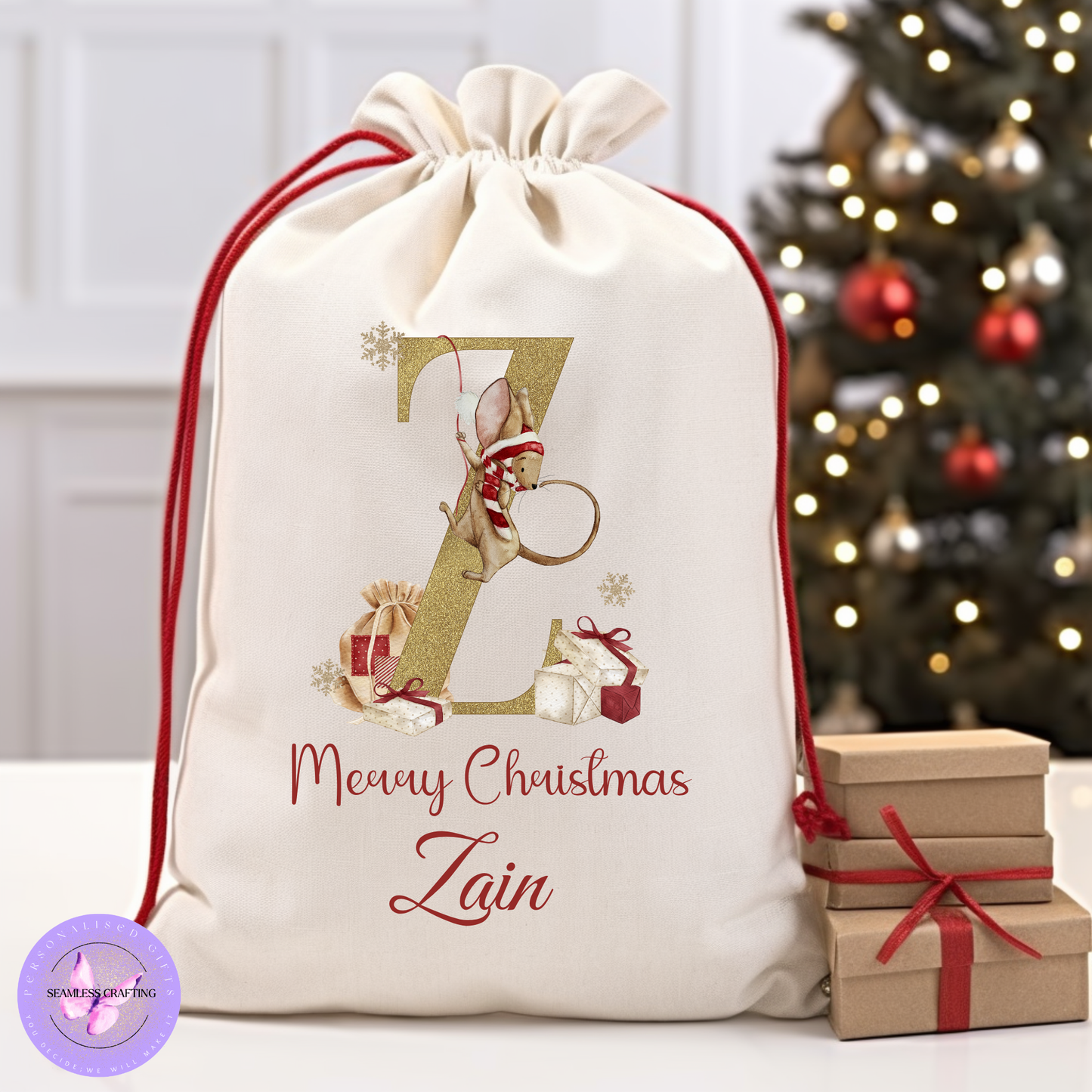 Personalised Christmas Sack & Enamel Mug Set | Custom Name Santa Gift Bag | Initial Mouse Design | Kids Xmas Eve Bag | 2 Sizes | 4 Colours