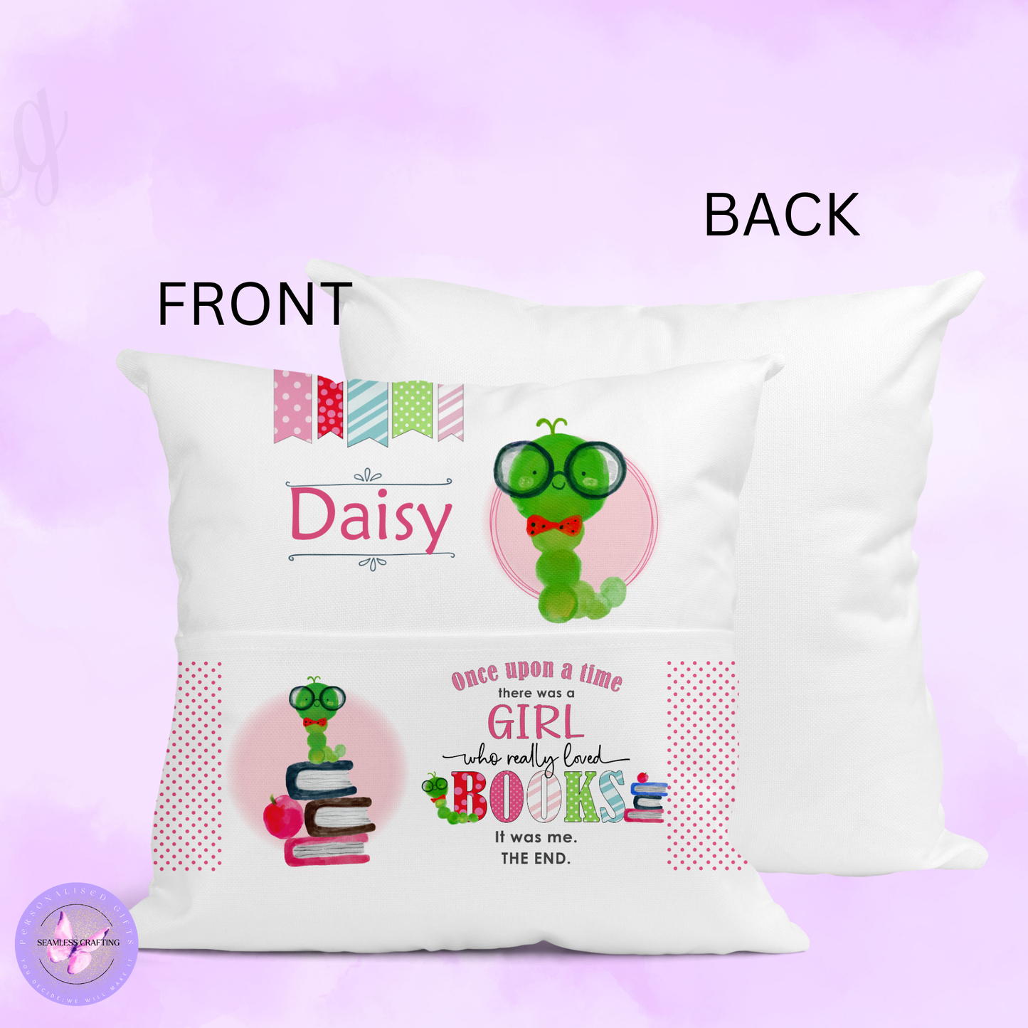 Personalised Bookworm Reading Cushion – Girl’s Custom Name Pillow with Book Pocket | Cute Caterpillar Book Lover Gift (40cm)