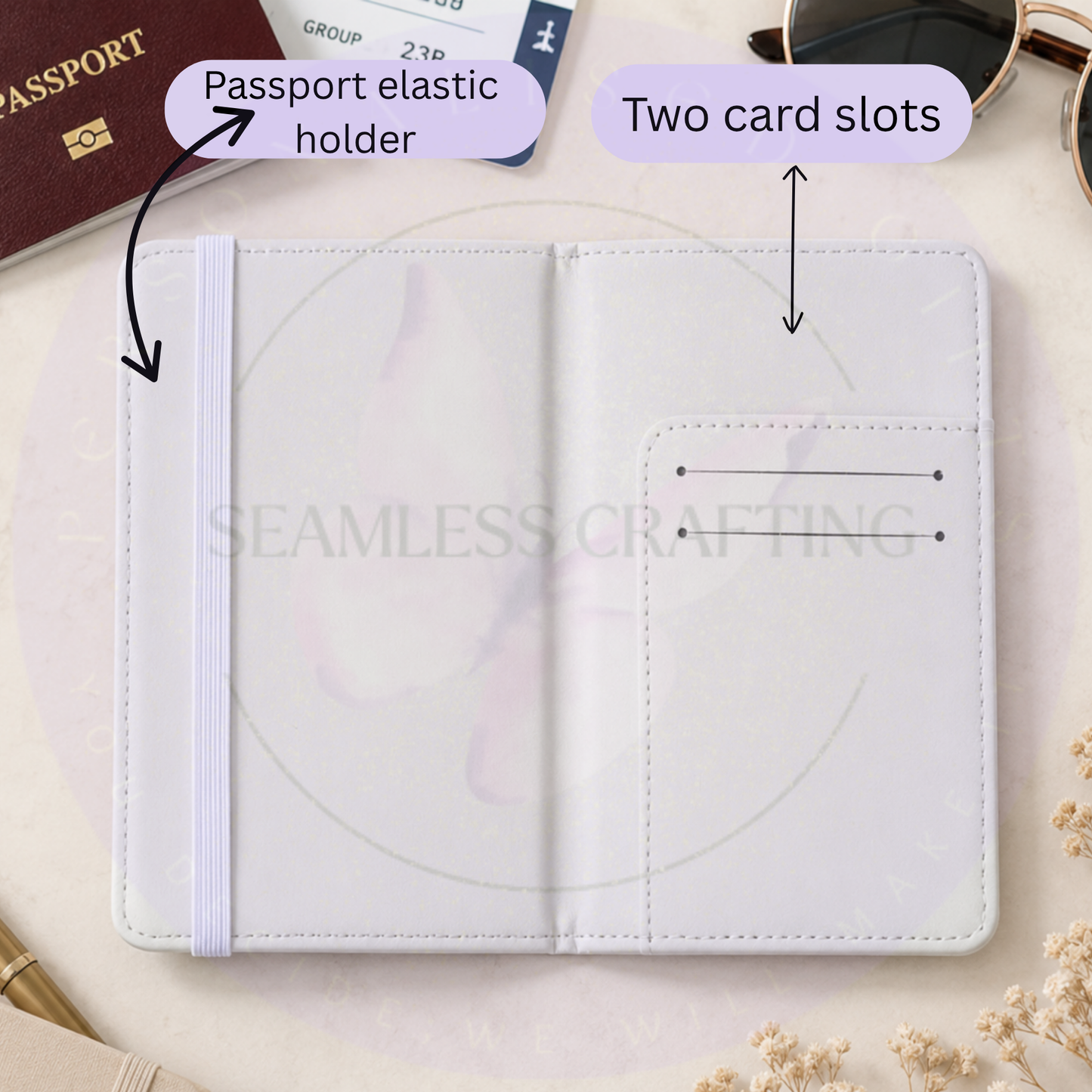 White faux leather passport holder interior with elastic passport strap and two card slots