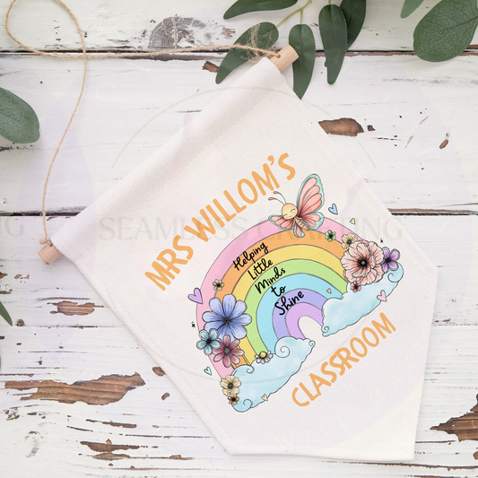 Personalised teacher classroom wall banner with wooden hanger, linen fabric, woodland animals and “Busy Little Bees” text.