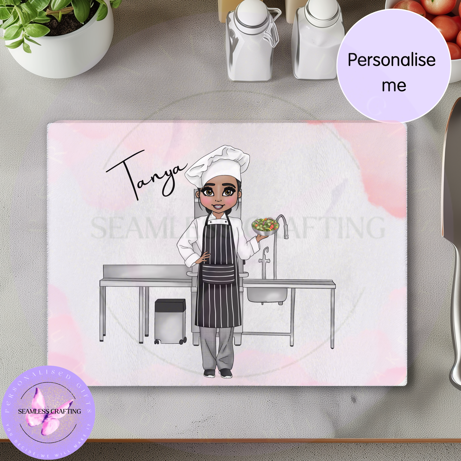 Custom female chef chopping board with personalised name and black striped apron