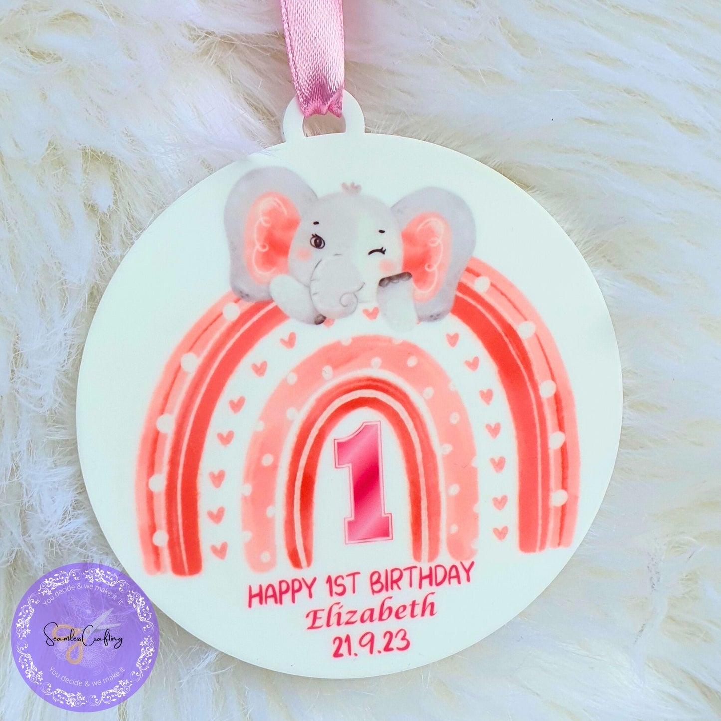 Personalised 1st Birthday plaque, Cute elephant birthday ornament, Keepsake plaque for boy or girl, Acrylic birthday ornament gift with bag