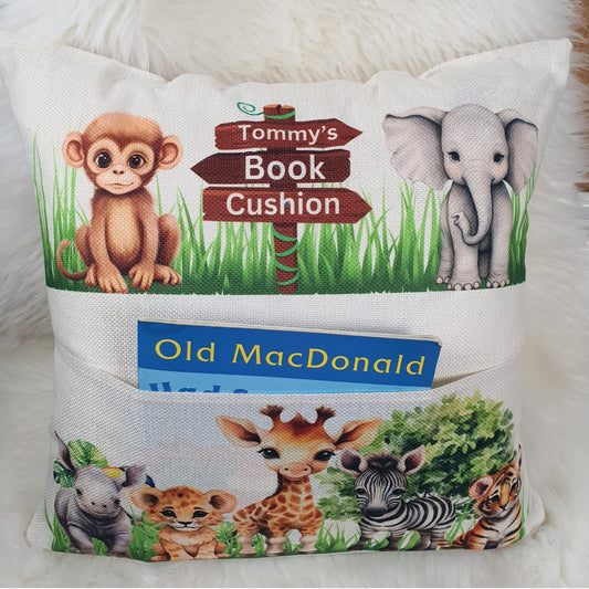 Personalised Safari Jungle Book Cushion, Animal Zoo Pillow, Pocketbook cushion Lion, Wild Animals book holder Gift, Zebra, Monkey, Elephant