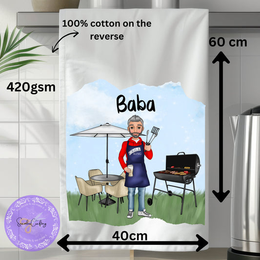 Personalised Character Barbeque Grill King Character Tea towel, Dad Grandfather gift, BBQ kitchen towel, build your caricature, add any text