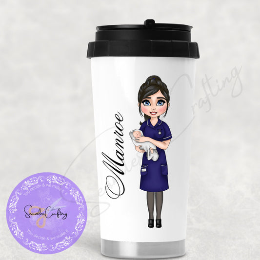 Personalised Midwife Navy uniform Thermos flask, Insulated Travel Mug, Trainee midwife Gift, Reusable Cup For work, Design your Character