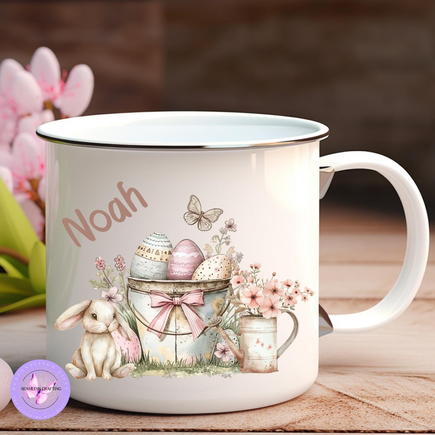 Personalised Easter bunny treat set, Enamal bunny mug, party favour for kids, Gift Mug Easter Hamper Idea, basket filler, birthday party