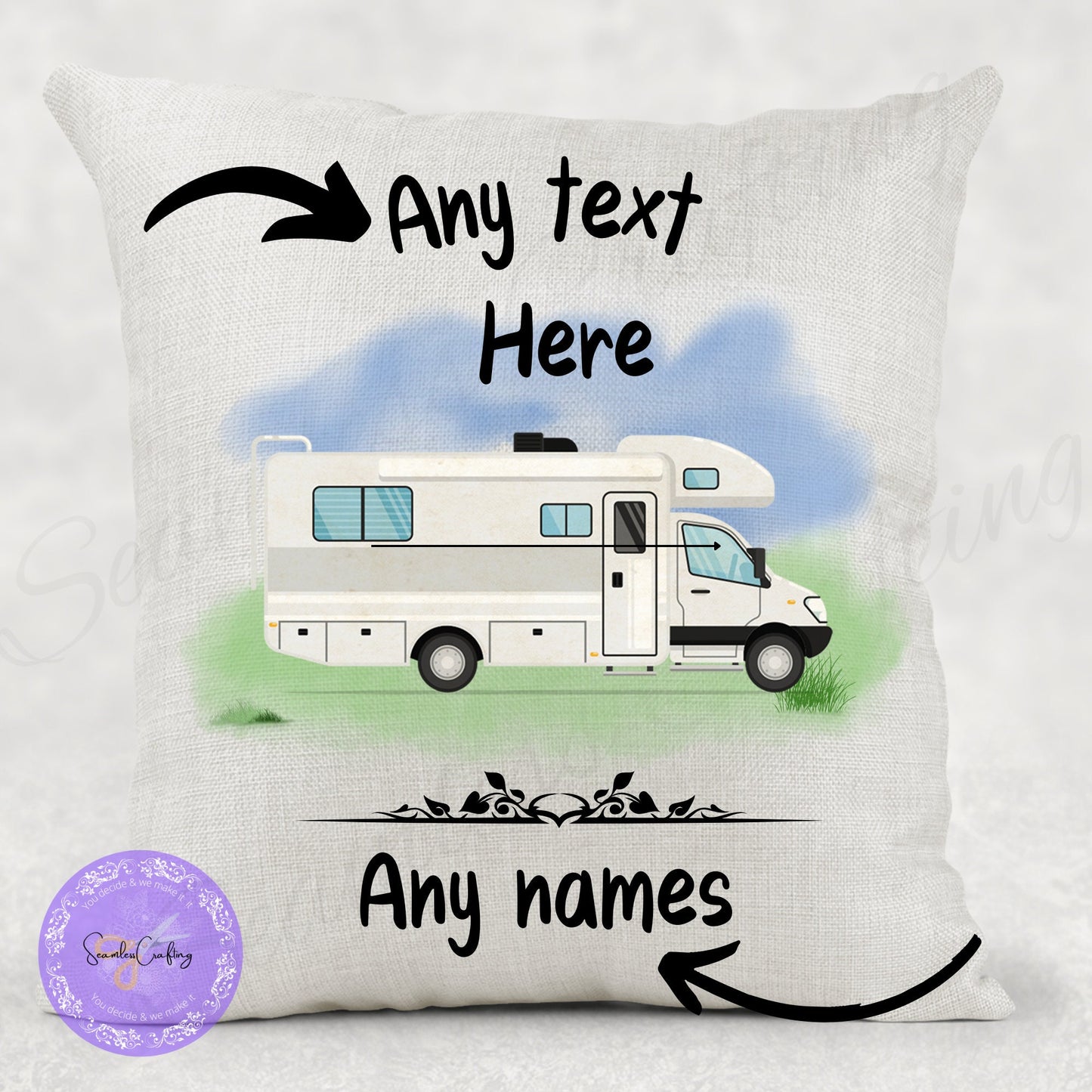 Personalised Motorhome Linen Cushion, add any text name, Campervan owners gifts, camping Pillow, Outdoor lovers present, First RV gift
