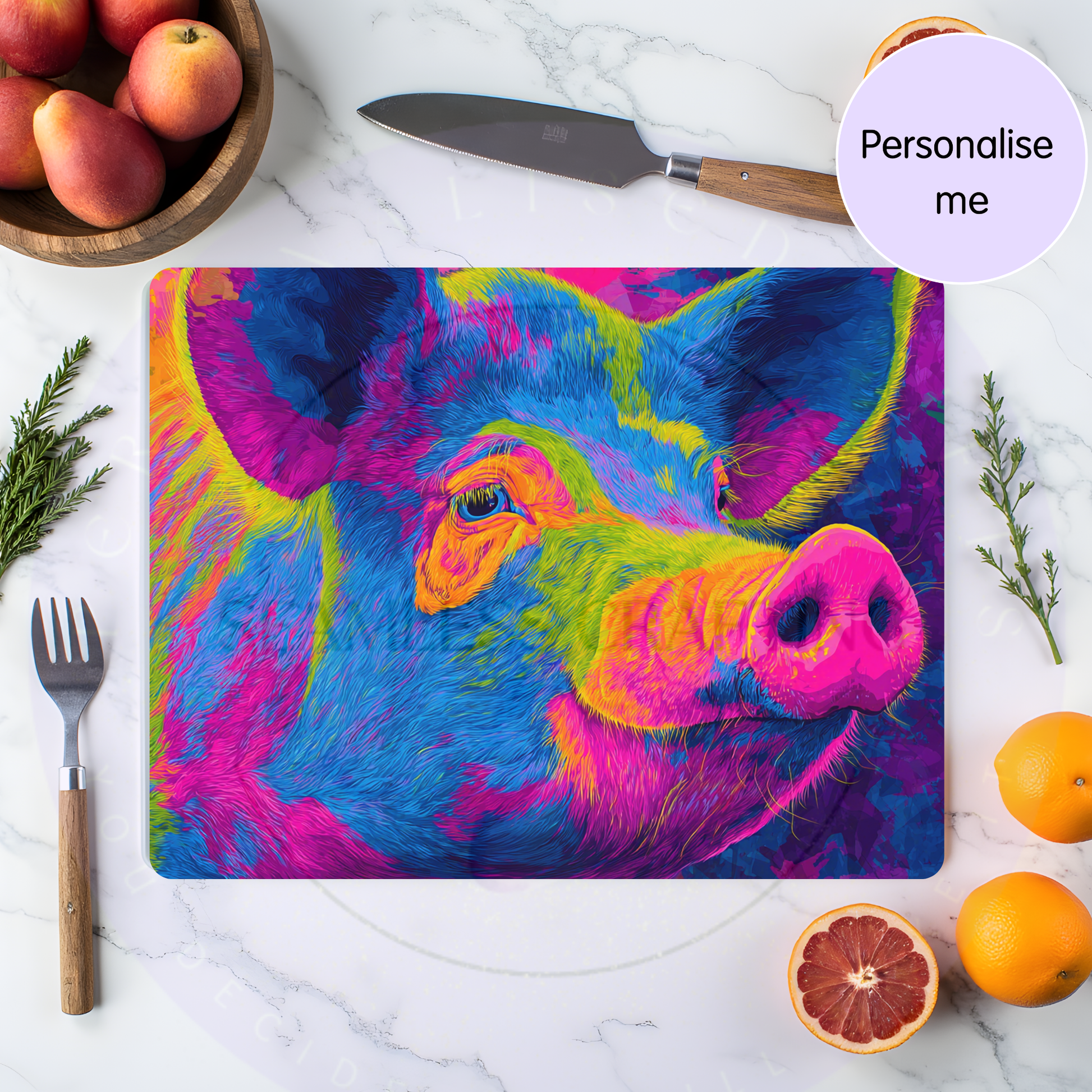 Bright pig design chopping board personalised gift for mum kitchen decor
