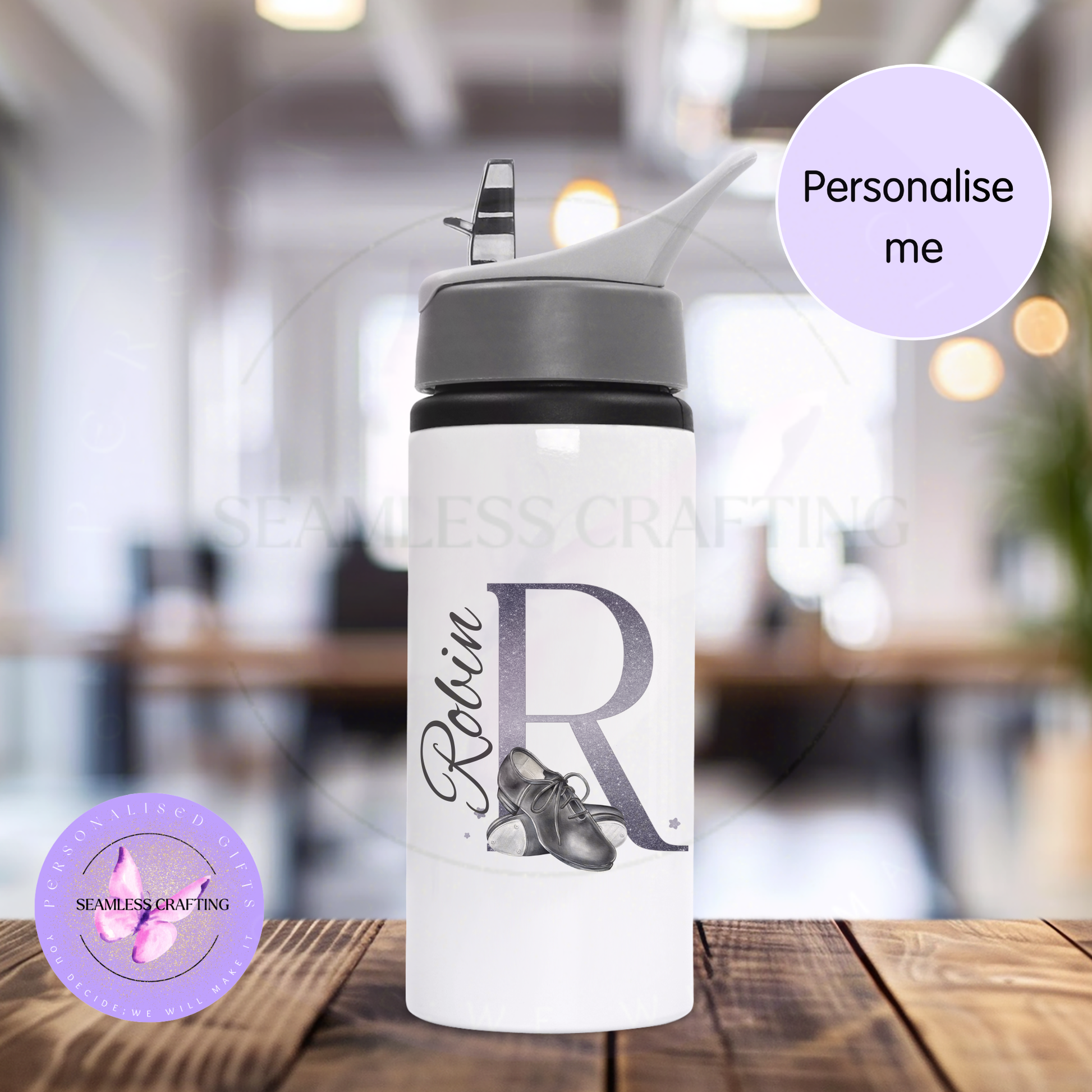 Personalised dance bottle with straw lid name Robin tap shoes design