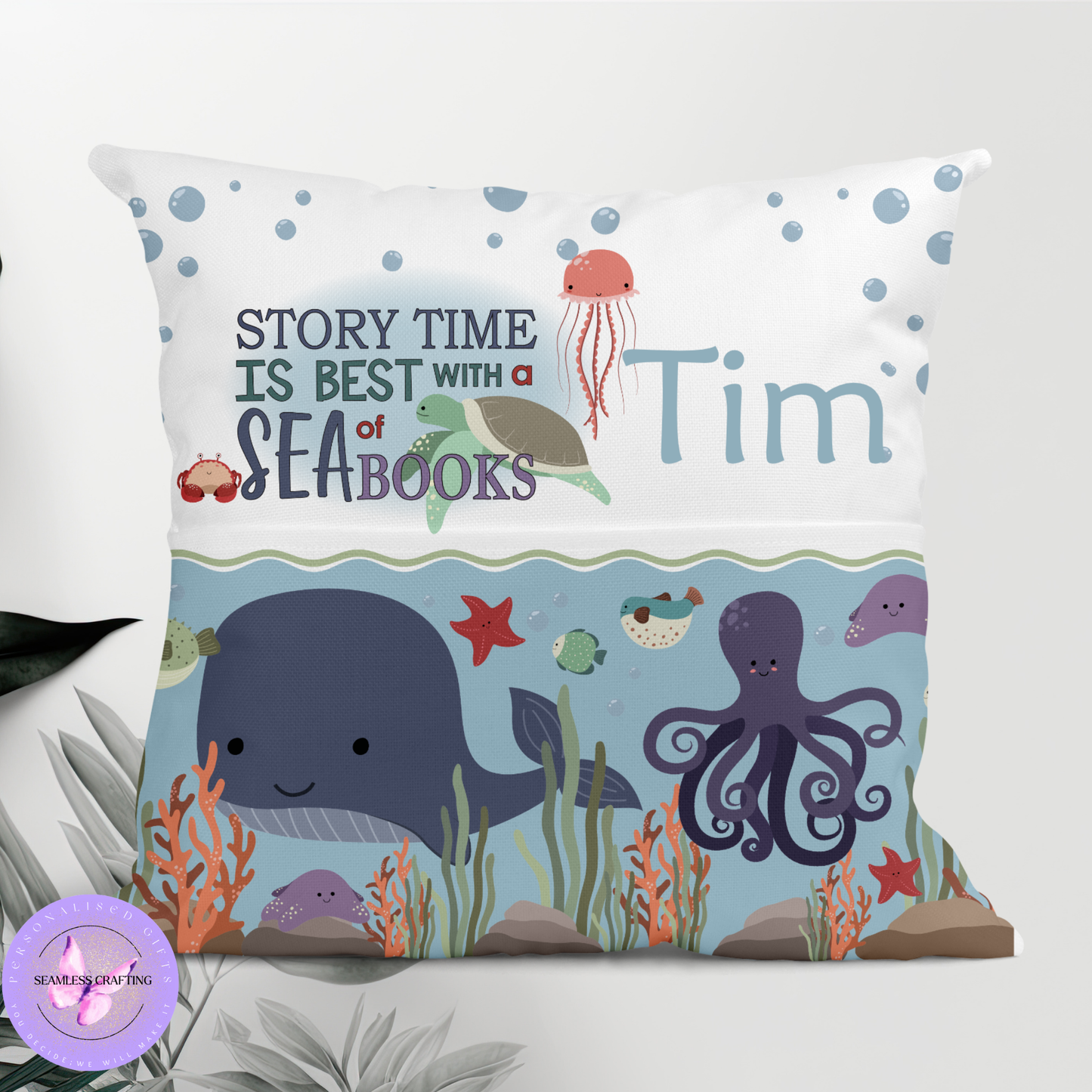 Personalised Under the Sea Reading Cushion – Ocean Animals Book Pocket Pillow | Custom Name Kids Gift (40cm)