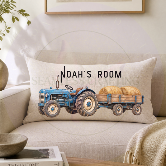 Personalised tractor cushion with child's name, vintage blue tractor and hay trailer
