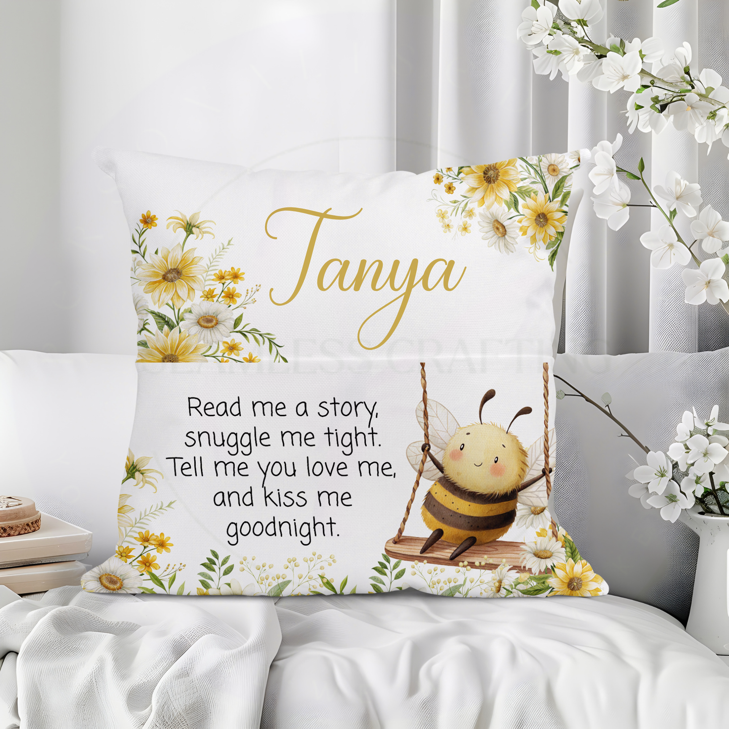 Personalised bee and daisy reading cushion for kids with custom name, bedtime story rhyme and front pocket
