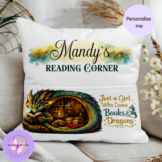 Personalised dragon reading cushion with pocket for books, custom name reading corner pillow for book lovers