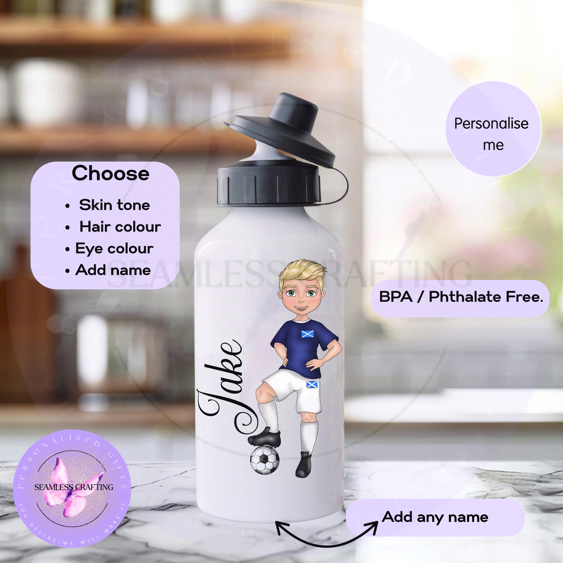 Personalised Scotland football boy water bottle shown front and back with custom name on a white 600ml aluminium bottle