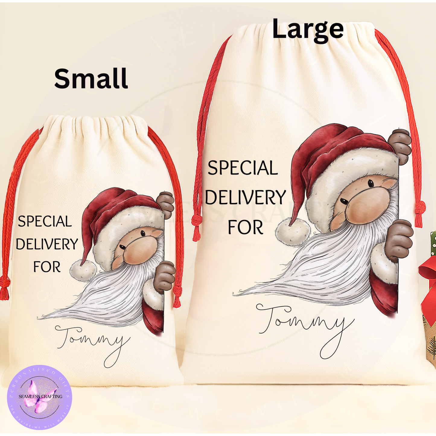 Small and large personalised peeking Santa sacks with custom name