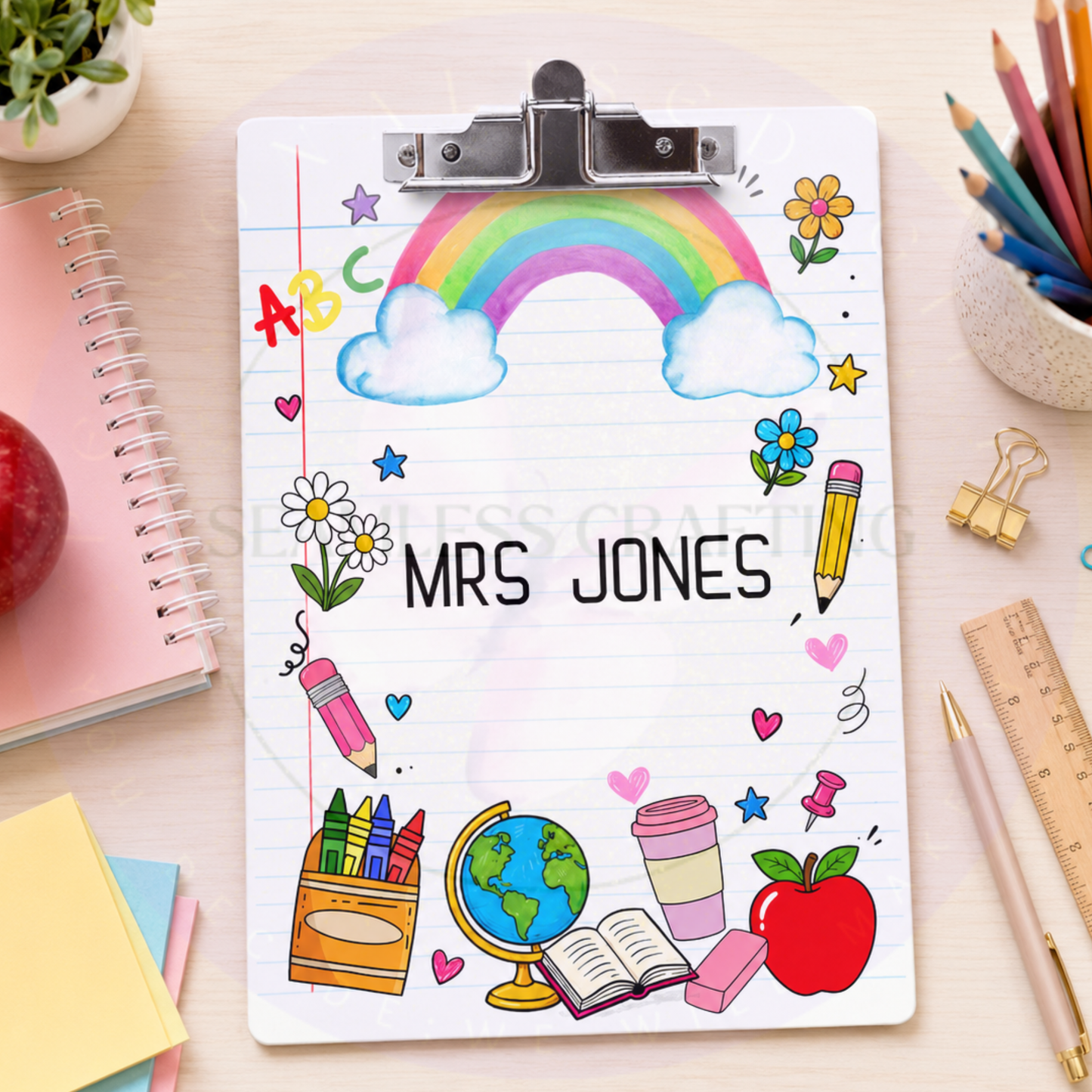 Personalised teacher clipboard with rainbow and school supplies design