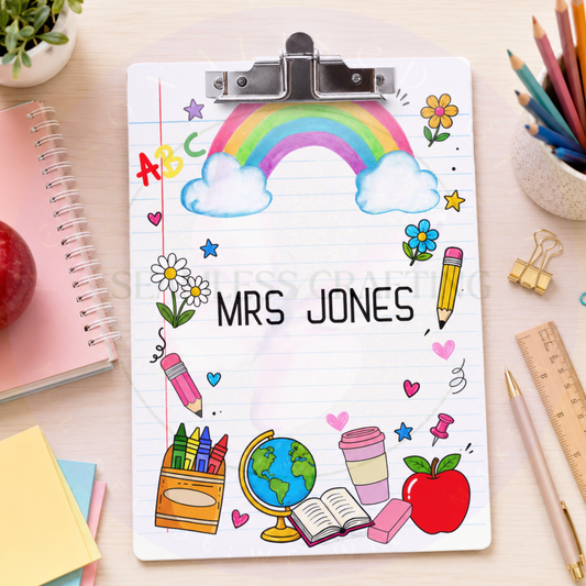 Personalised teacher clipboard with rainbow and school supplies design