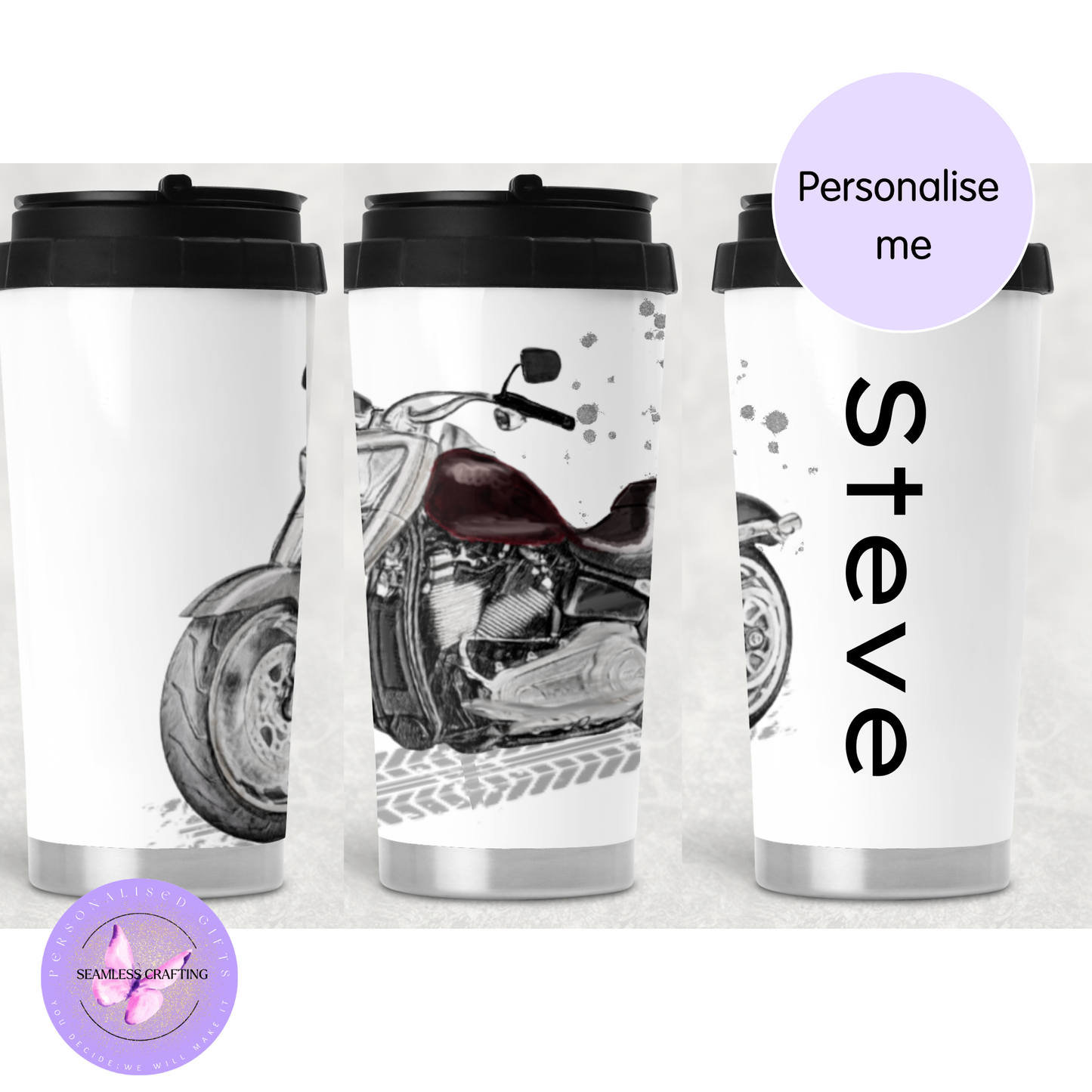 Personalised Motorbike Mug & Travel Mug – Custom Name Motorcycle Gift – 11oz Ceramic, 14oz Travel Mug or 16oz Thermal Tumbler