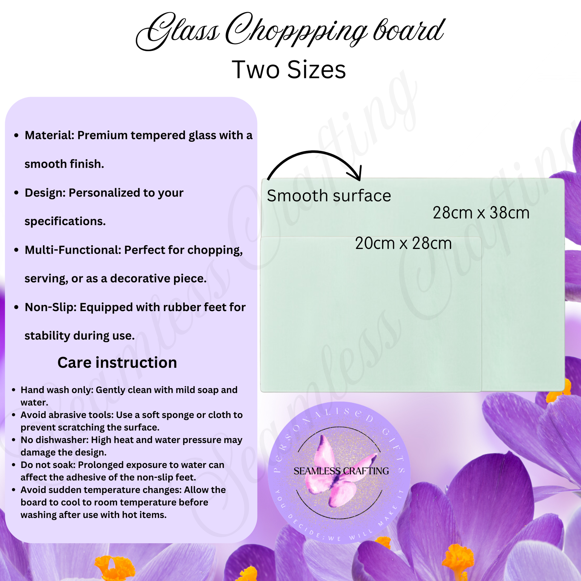 Glass chopping board with specifications and care instructions on a floral background