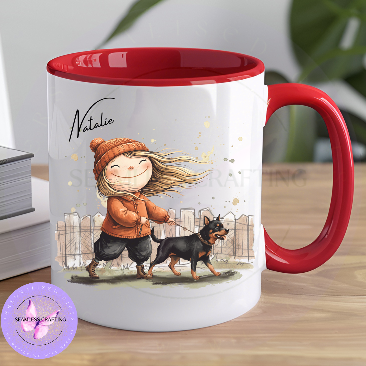 Personalised dog walker gift mug with red handle and name