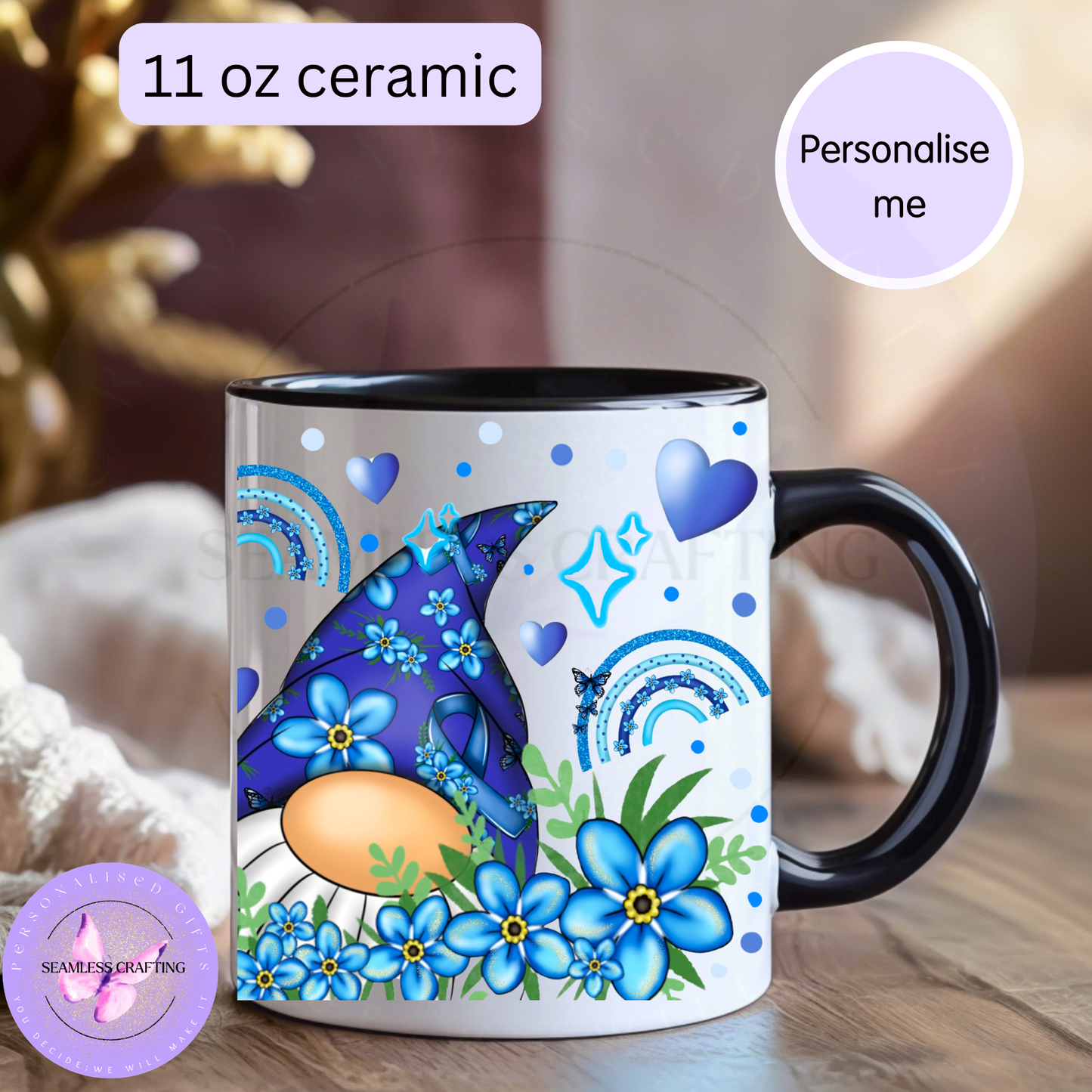 Personalised Forget Me Not dementia awareness gonk mug with name displayed across the full mug wrap