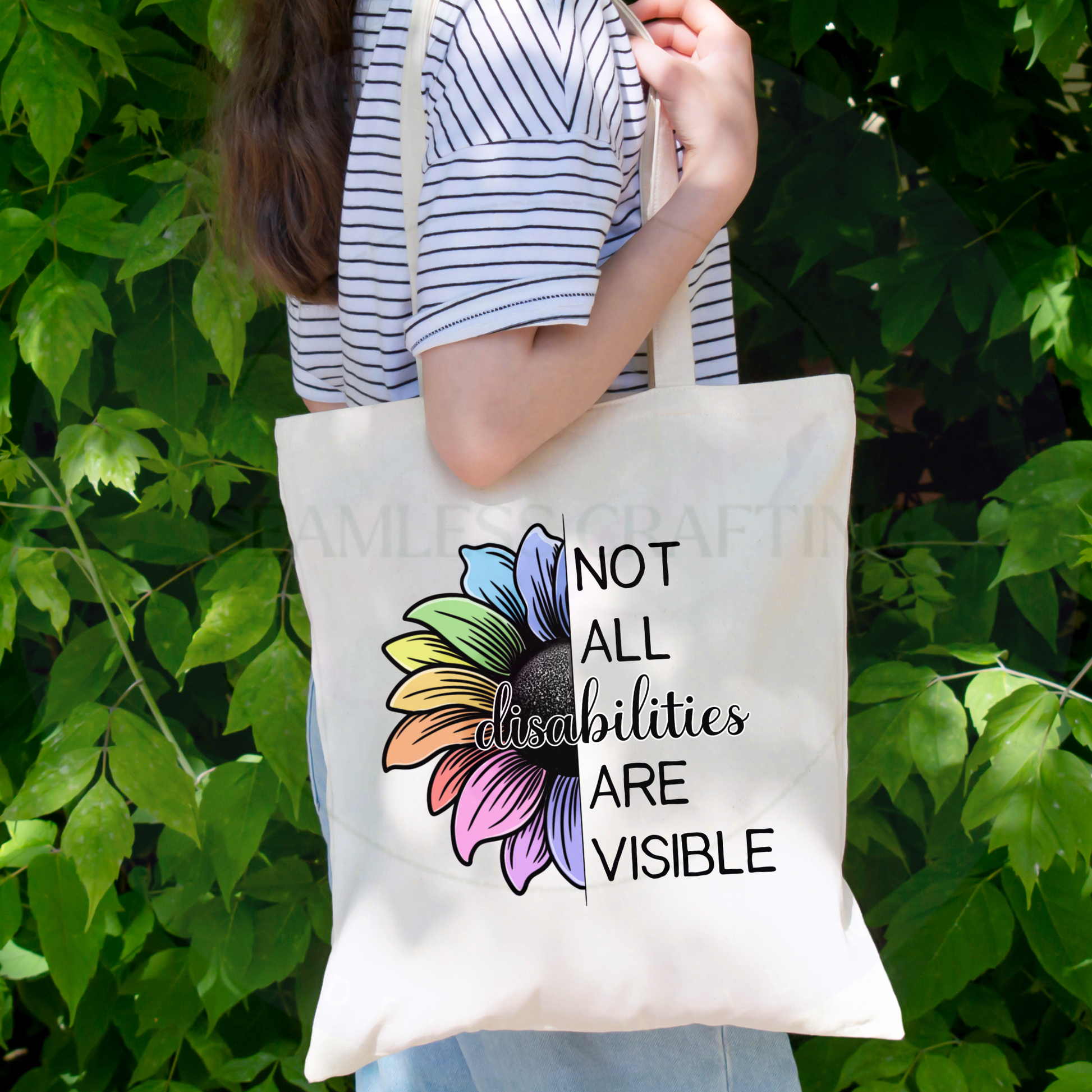 Cream awareness tote bag with Not All Disabilities Are Visible quote