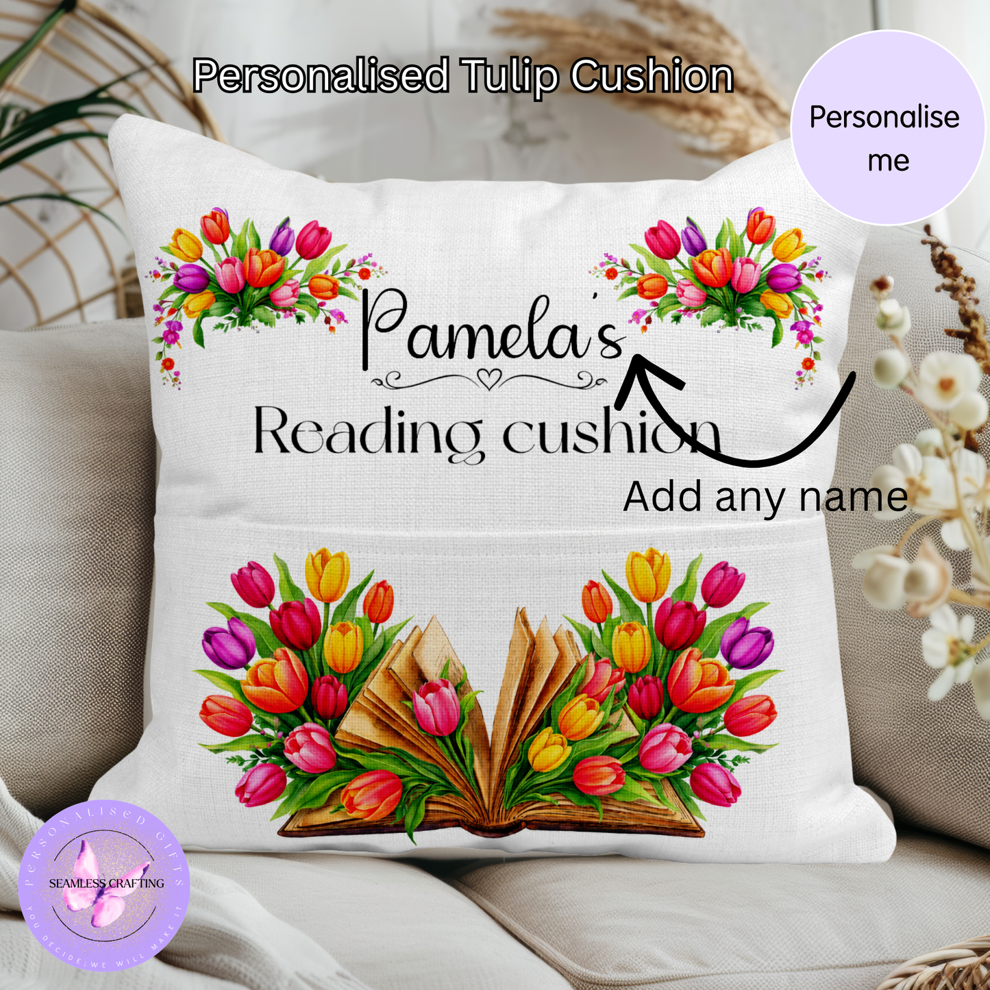 Personalised Tulip Reading Cushion with Pocket