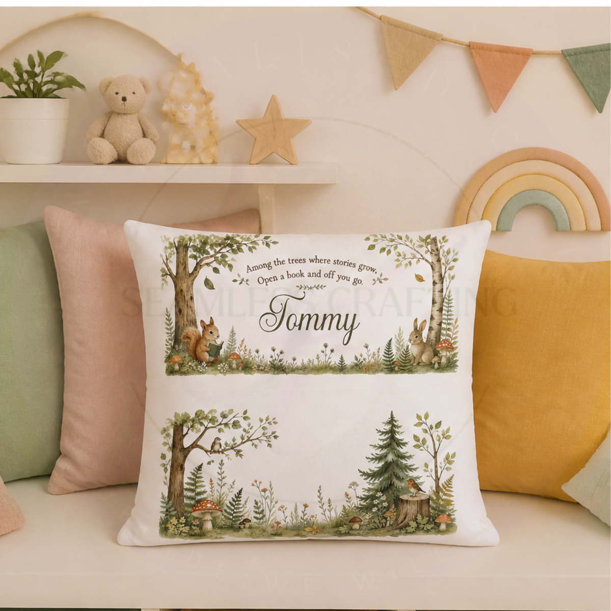 Woodland reading cushion with book pocket and personalised name in cosy children's reading nook