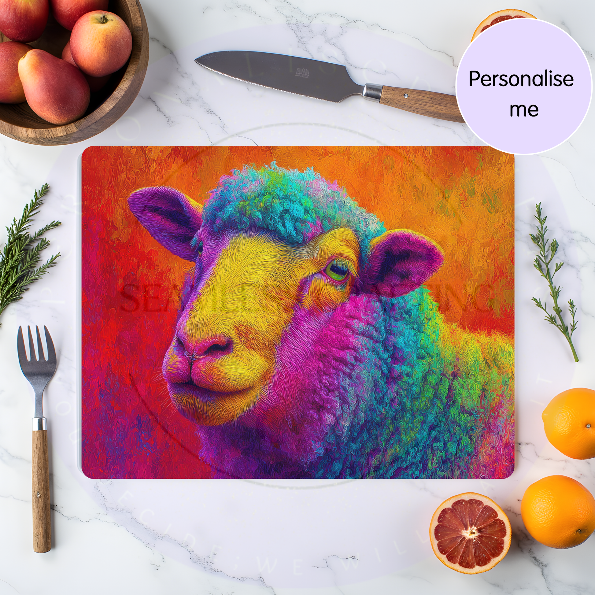 Custom sheep chopping board on kitchen counter unique personalised worktop saver gift for home