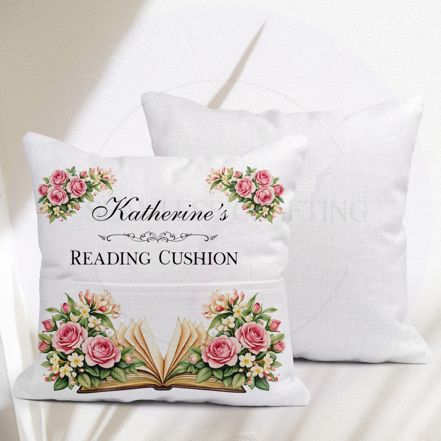 Floral book pocket cushion with personalised name on white linen cover