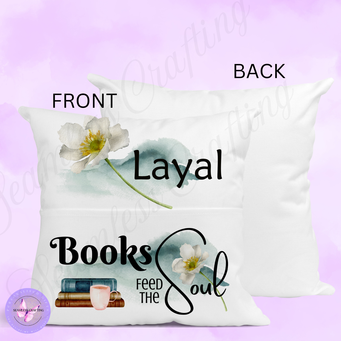 Personalised “Books Feed the Soul” Reading Cushion – Custom Name Book Lover Pillow with Pocket | Floral Literary Gift (40cm)