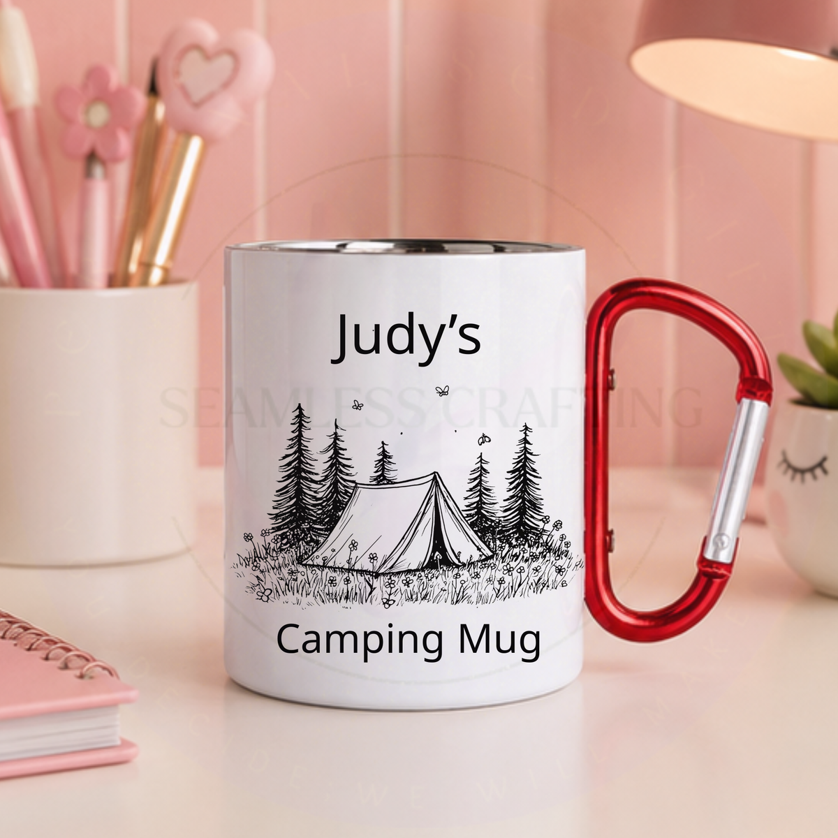 Personalised carabiner camping mug with Judy's name and black forest tent illustration