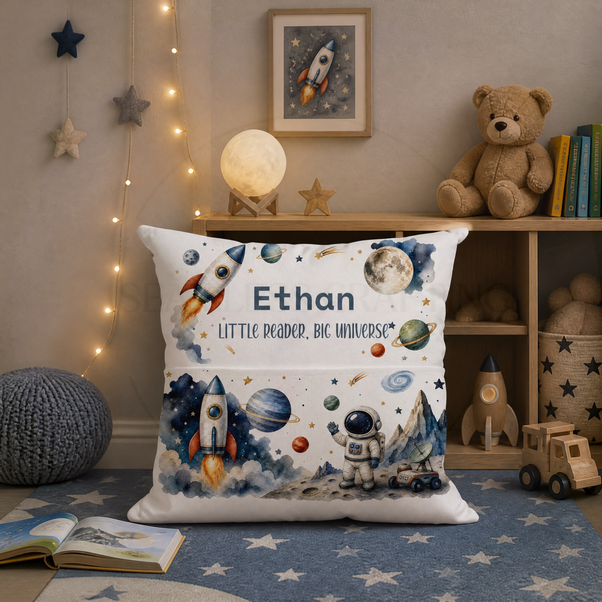 Personalised space reading cushion with child's name rocket planets astronaut and front book pocket
