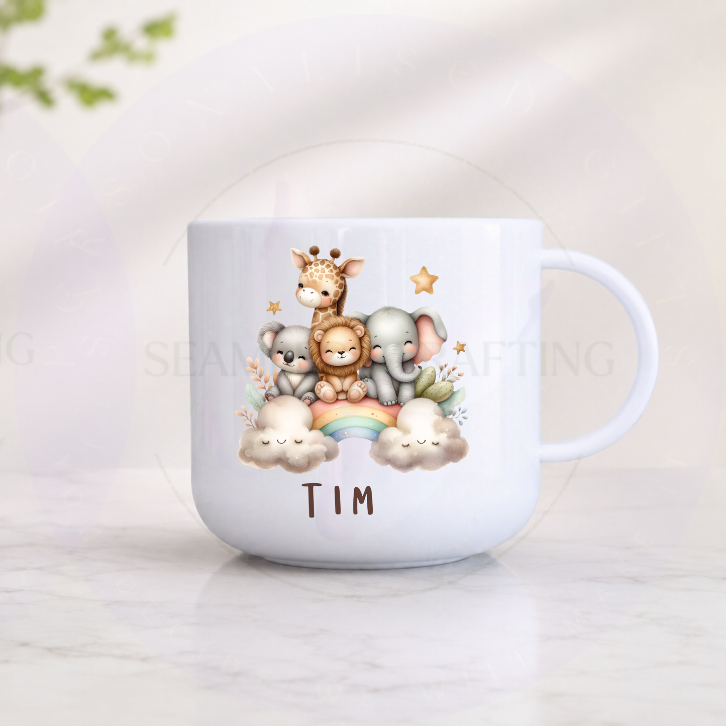 Personalised safari animal children's mug with pastel rainbow and name Maisy