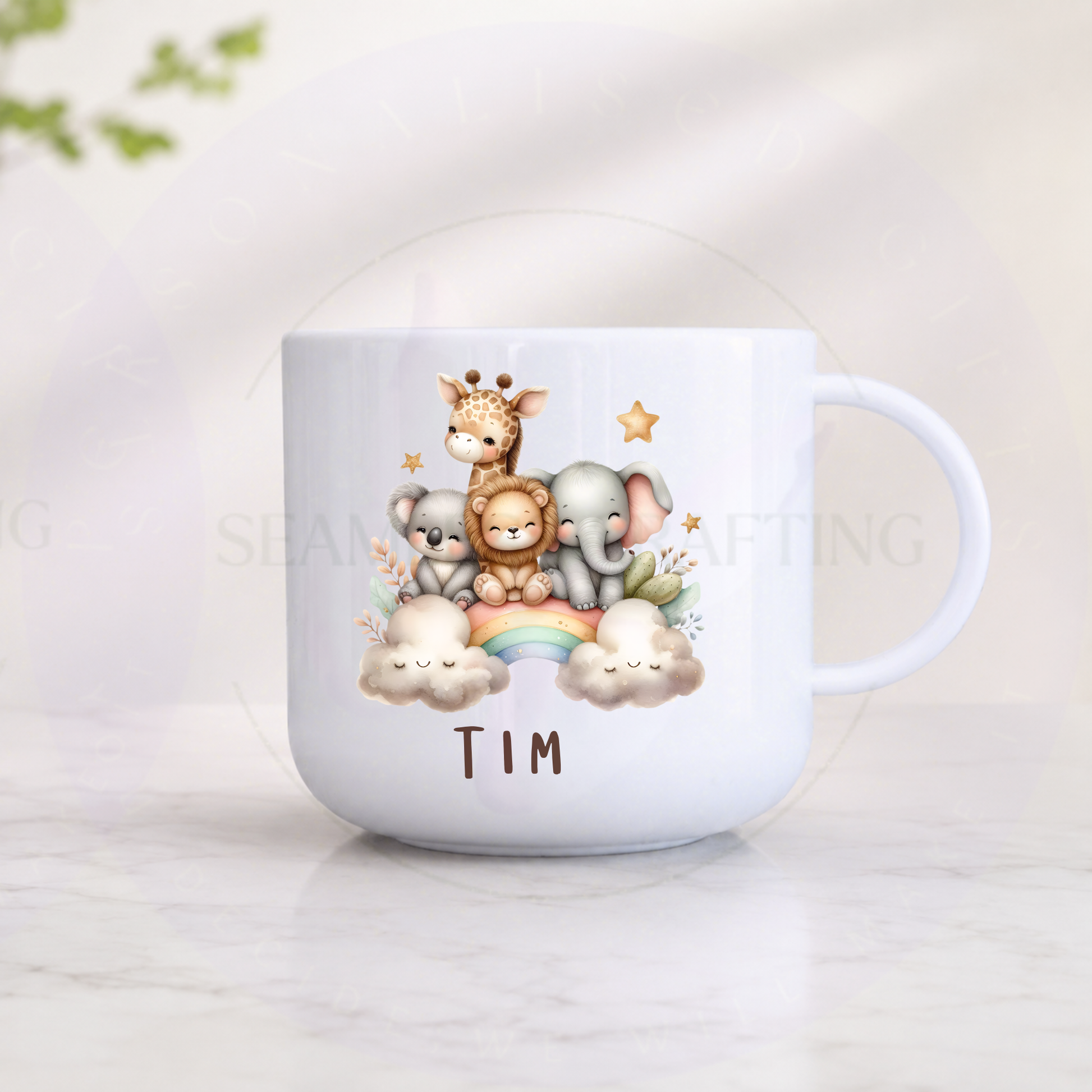 Personalised safari animal children's mug with pastel rainbow and name Maisy
