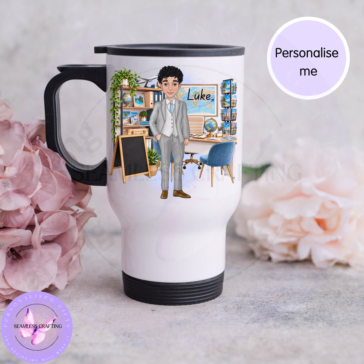 Photo 2: Personalised male travel agent 14oz stainless steel travel mug with custom character and name Luke