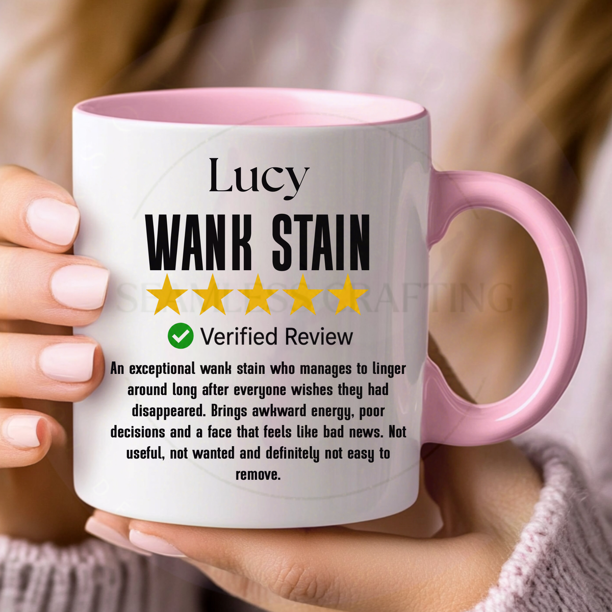 Personalised pink handle rude mug with Wank Stain five-star review and custom name
