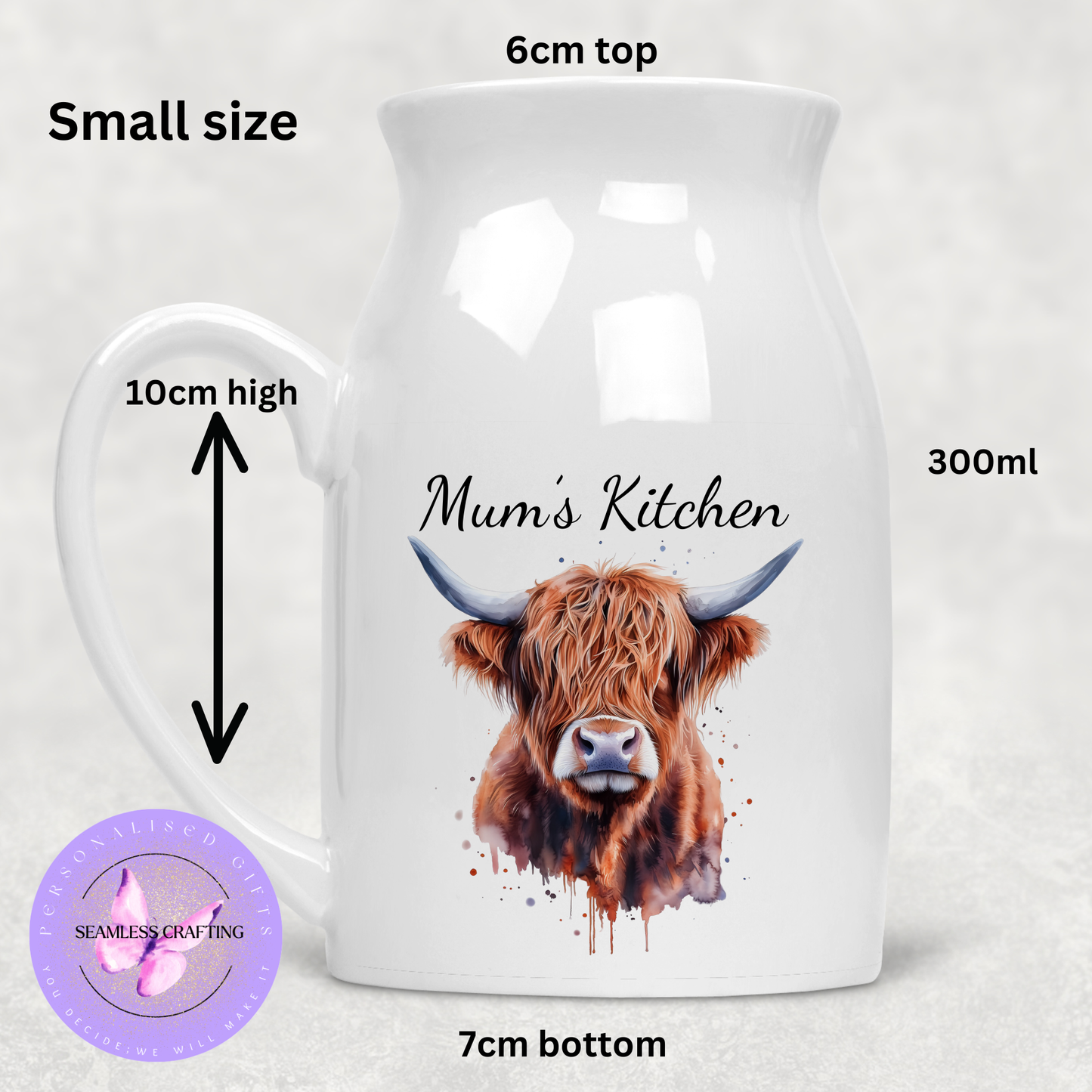Small 300ml personalised Highland Cow ceramic milk jug with Mum’s Kitchen text, rustic farmhouse gift UK