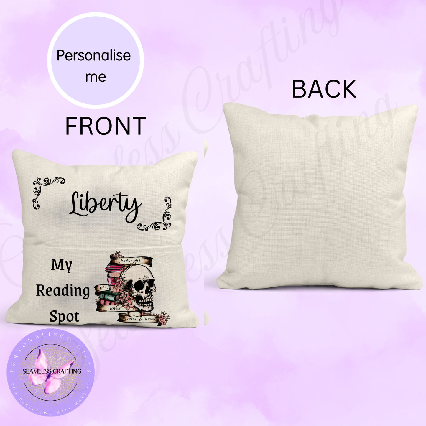 Personalised Gothic Reading Cushion with Pocket – Skull Book Lover Cushion – Tea or Coffee Lover Option – Custom Name Book Cushion