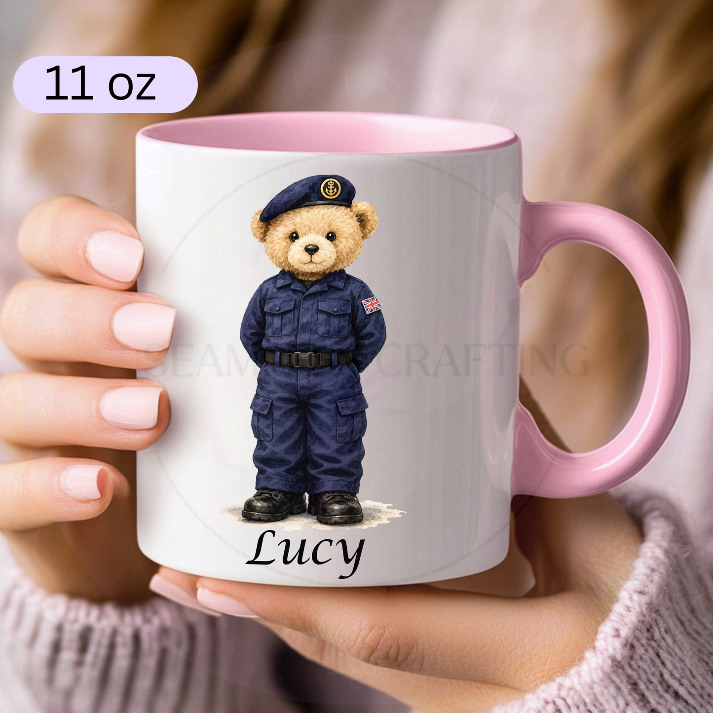 Personalised Royal Navy bear mug with custom name on 11 oz pink handle ceramic mug