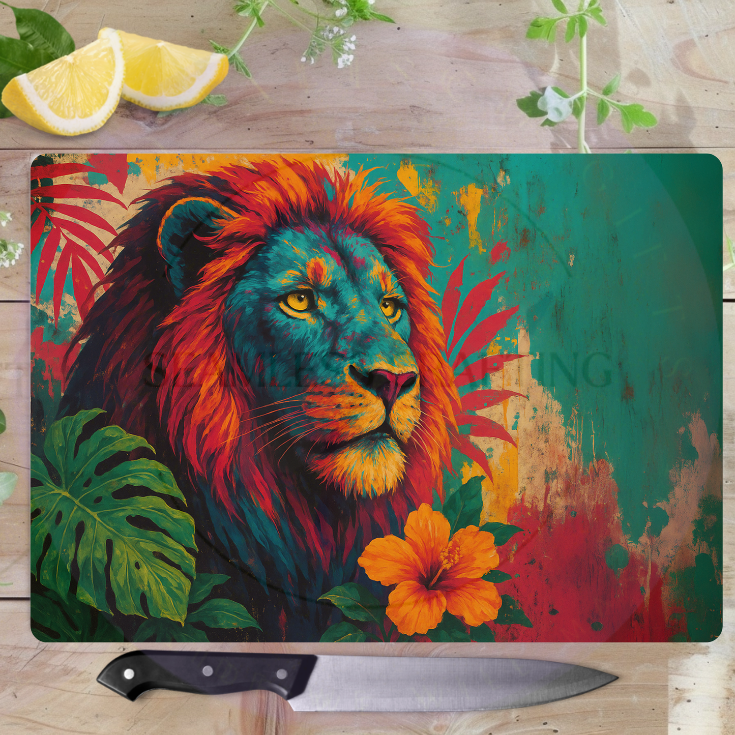 modern lion artwork chopping board glass kitchen accessory