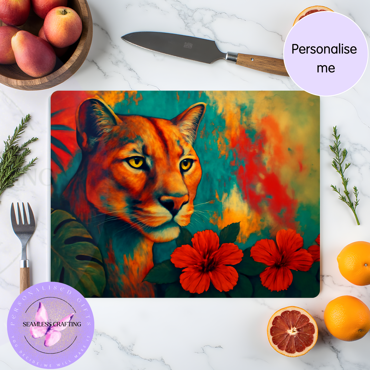 Personalised Lioness Glass Chopping Board Custom Name Worktop Saver Tempered Glass Kitchen Gift Wildlife Design