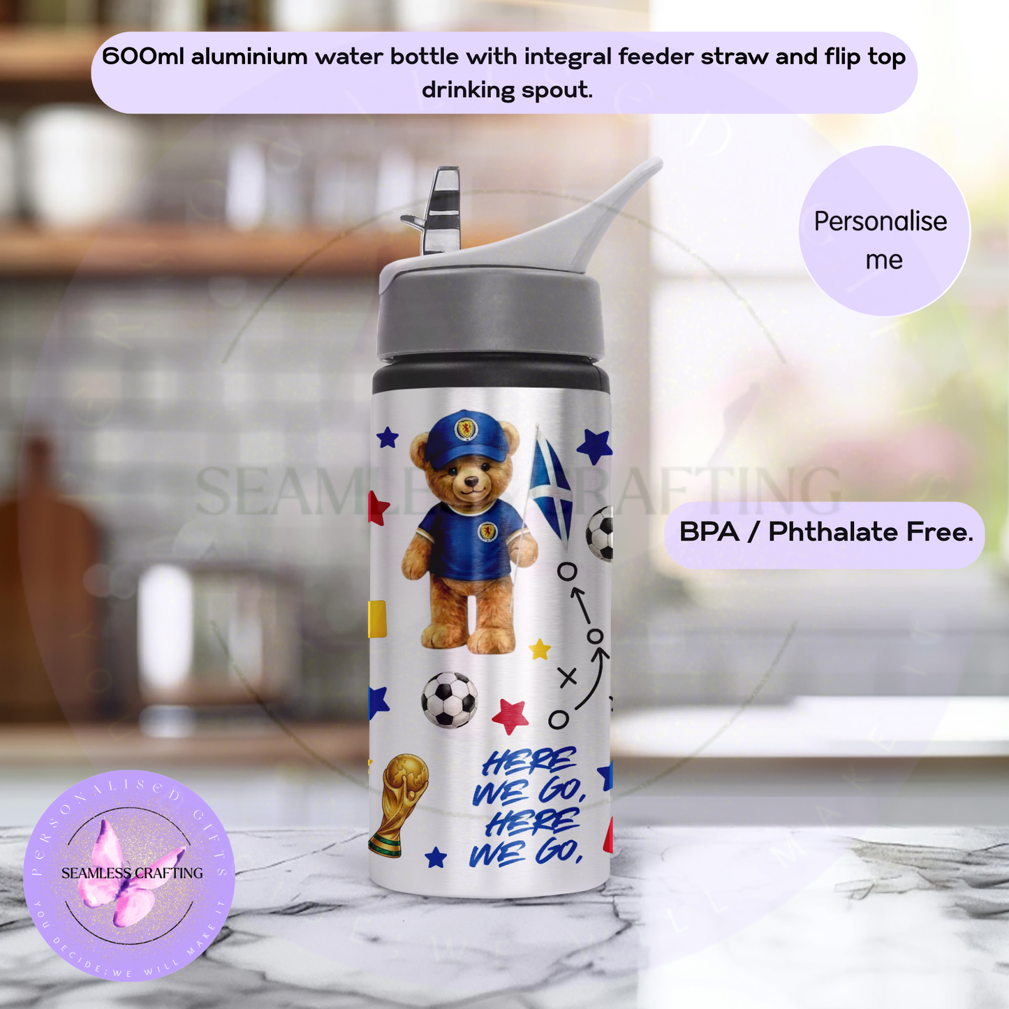 Scotland supporter kids water bottle with teddy bear in blue outfit and football themed artwork