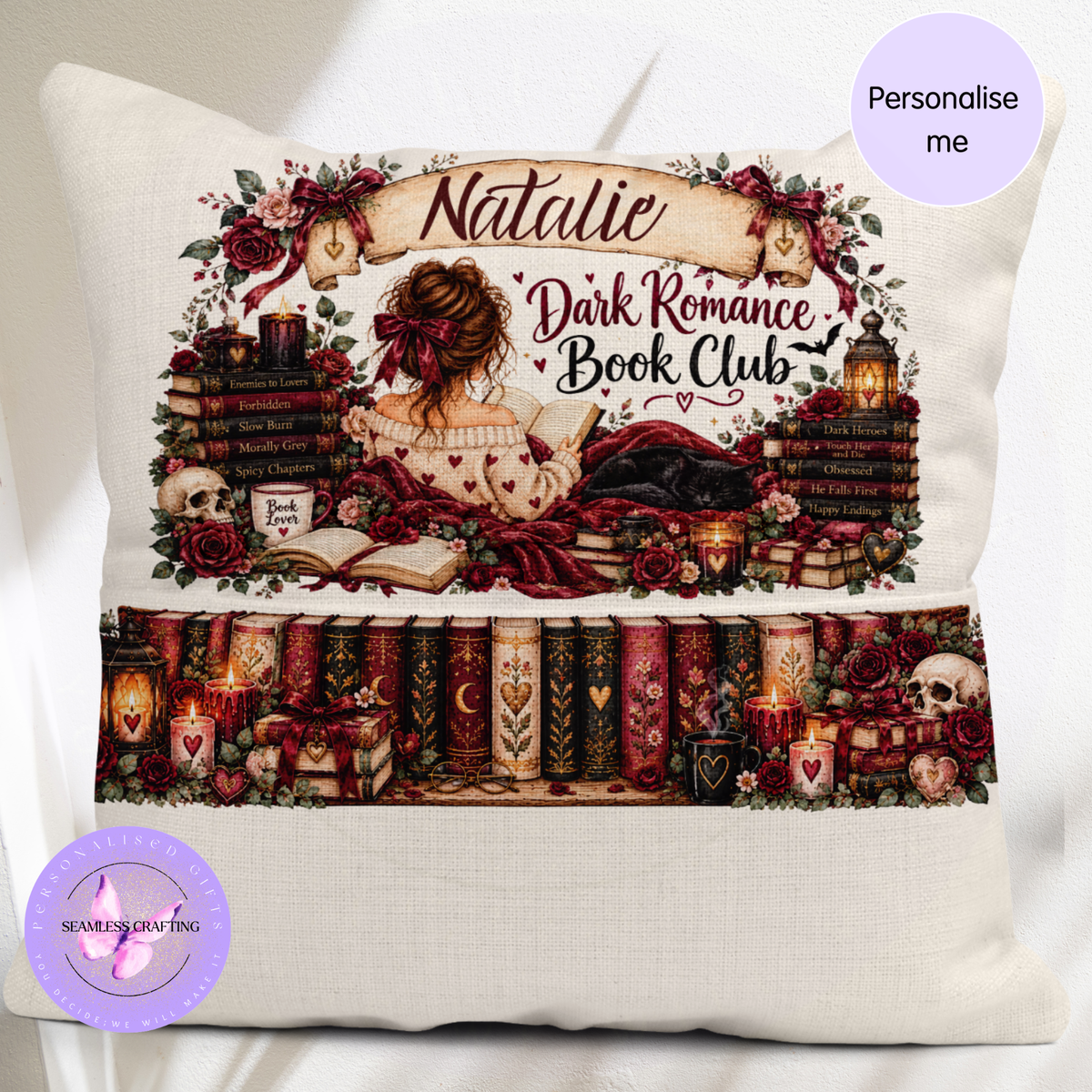 Personalised book lover cushion with custom name and dark romance design