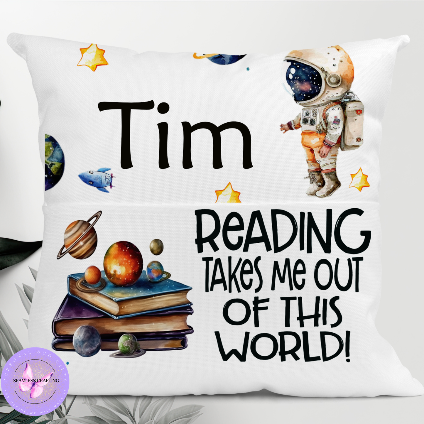 Personalised Space Reading Cushion – Boys & Girls Astronaut Book Pillow with Pocket | Custom Name Galaxy Gift (40cm)
